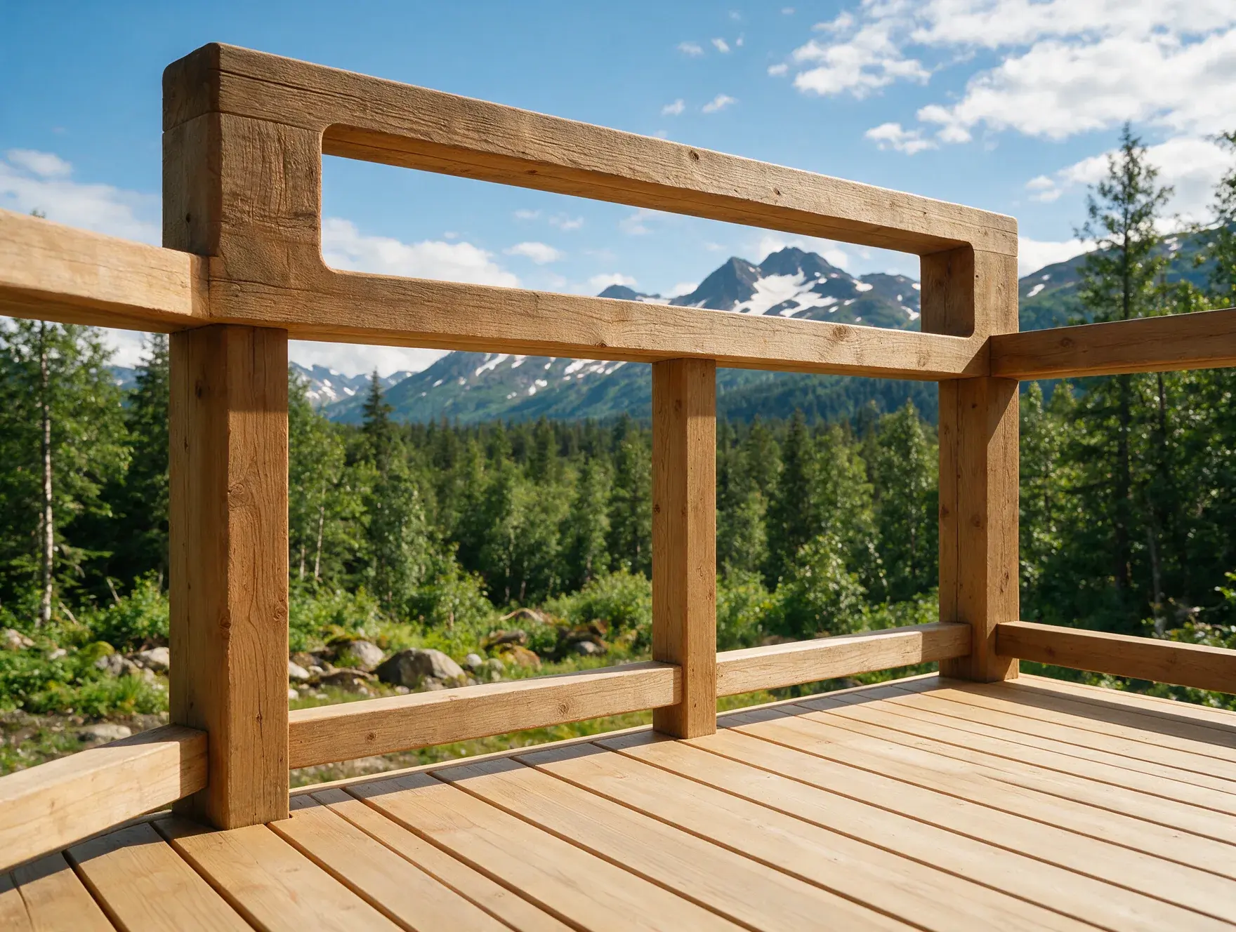 Illustrative timber deck detail overlooking an Alaska landscape