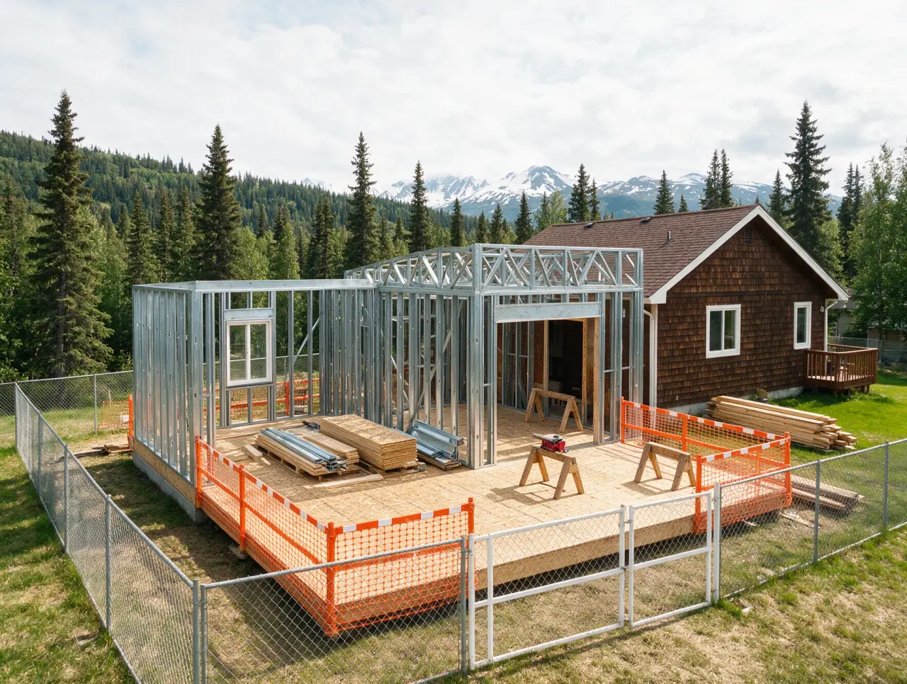 Illustrative metal framing at a residential home addition