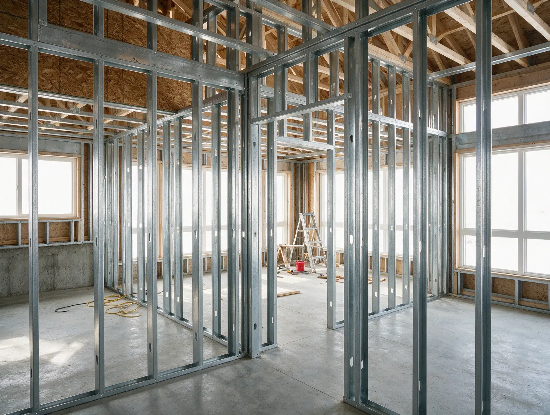 Illustrative interior metal framing for a home
