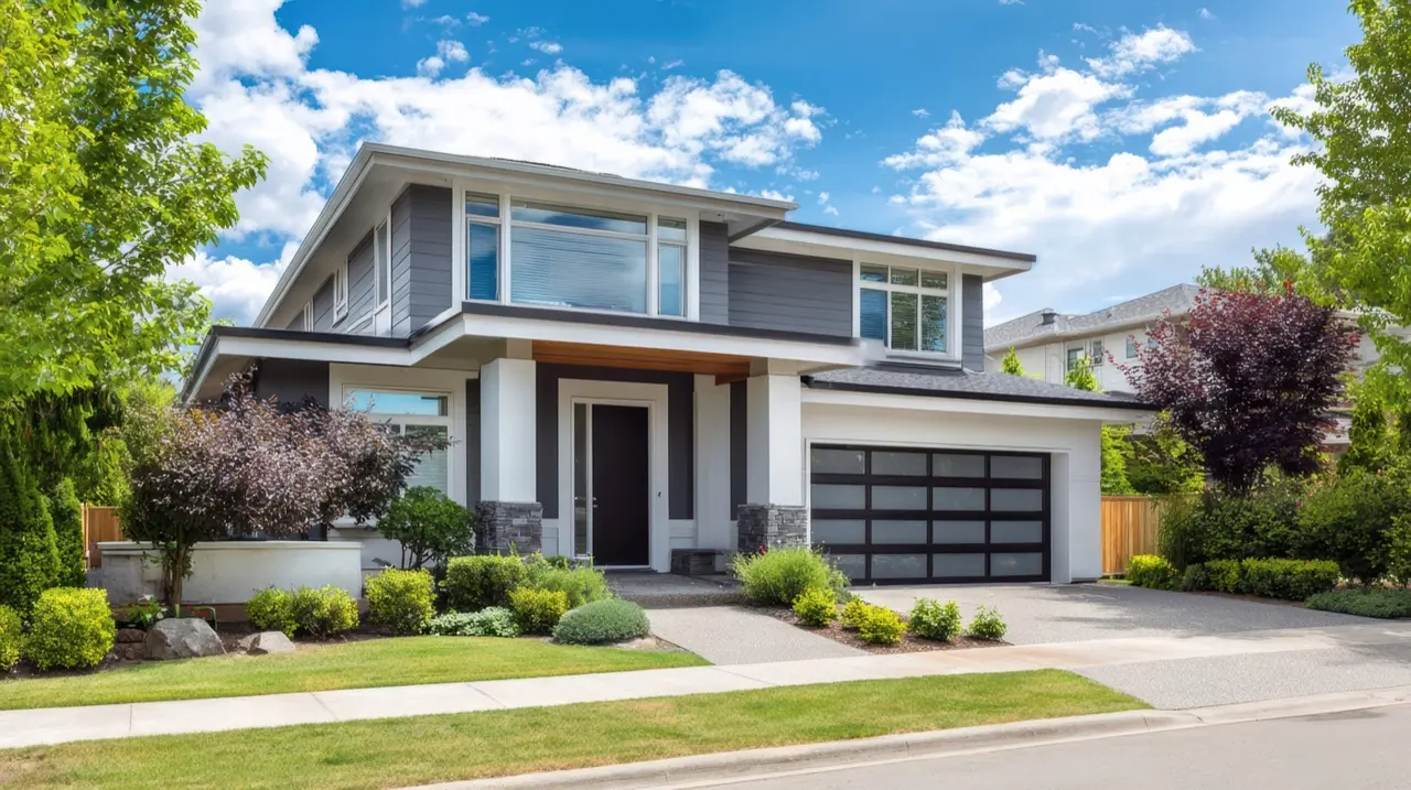 Illustrative garage door and residential exterior