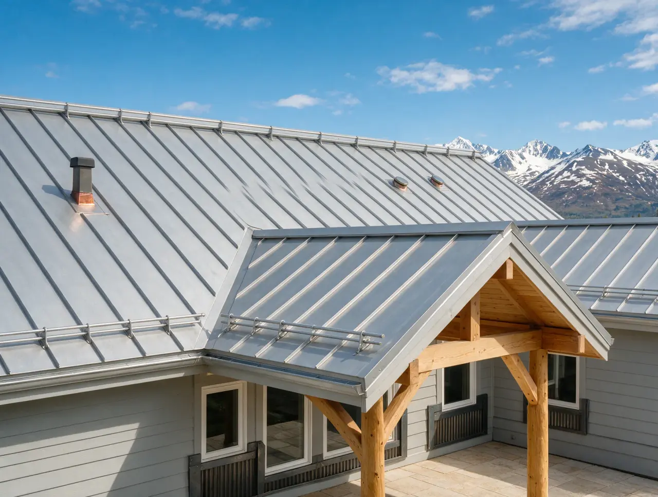 Illustrative residential metal roof against an Alaska mountain backdrop
