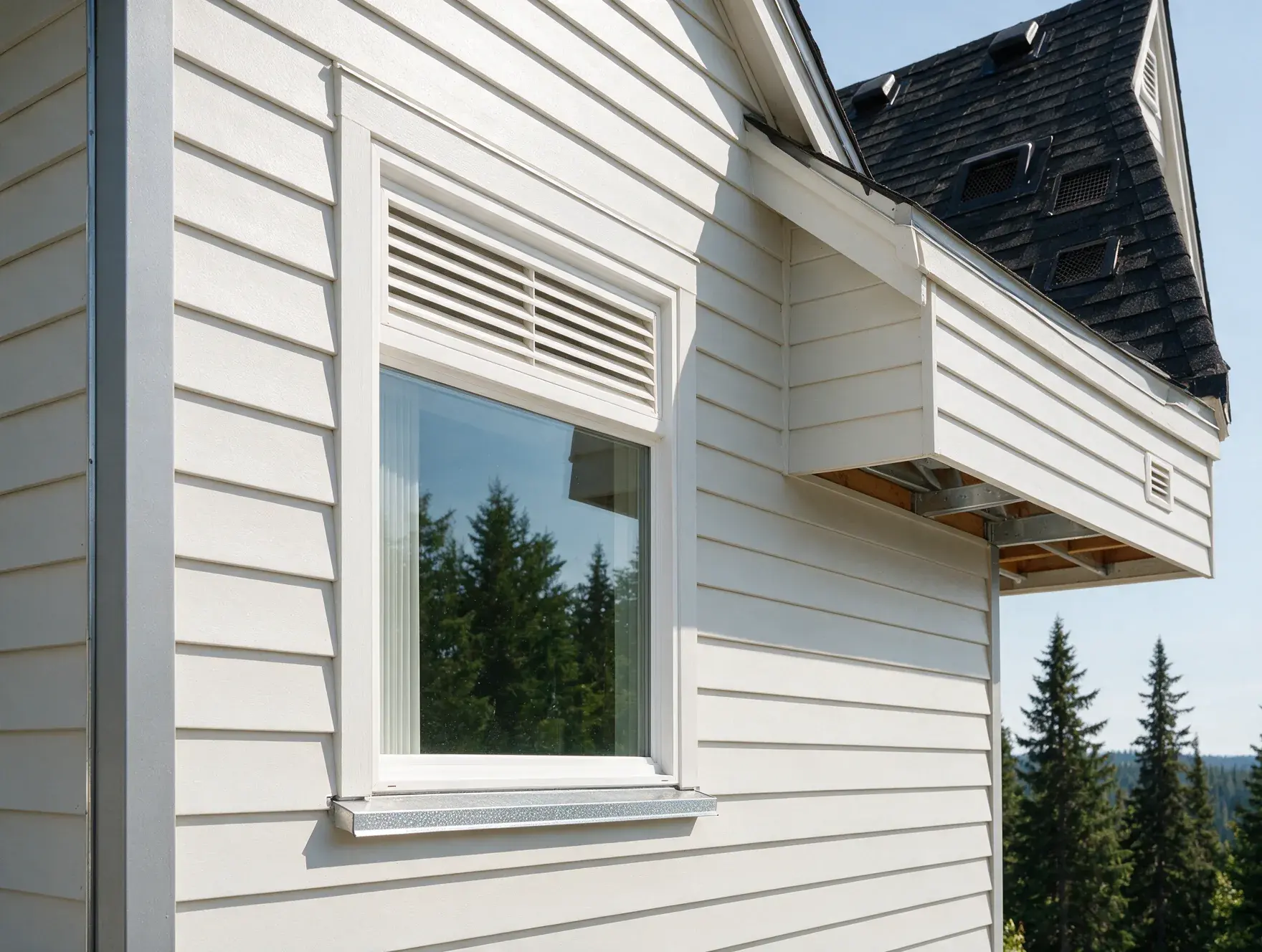 Illustrative close view of siding and window trim