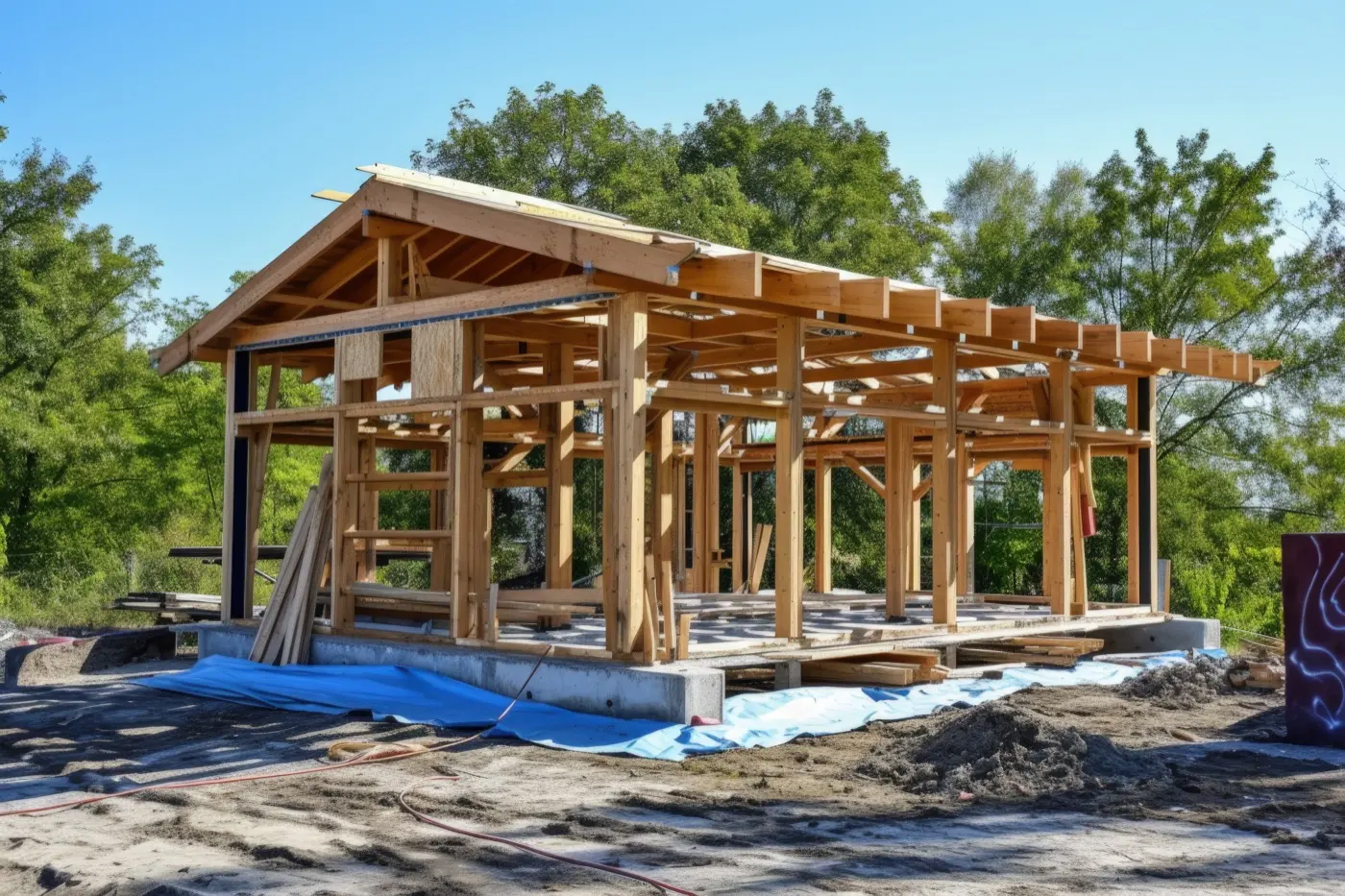 Timber framing at a residential construction site